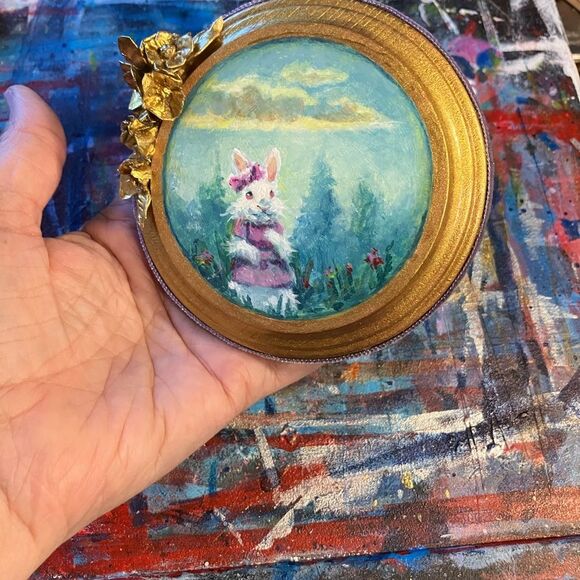 Whimsical Painting rabbit Miniature Round Art Gold Floral - Cottage Core Decor - Picture 4 of 6